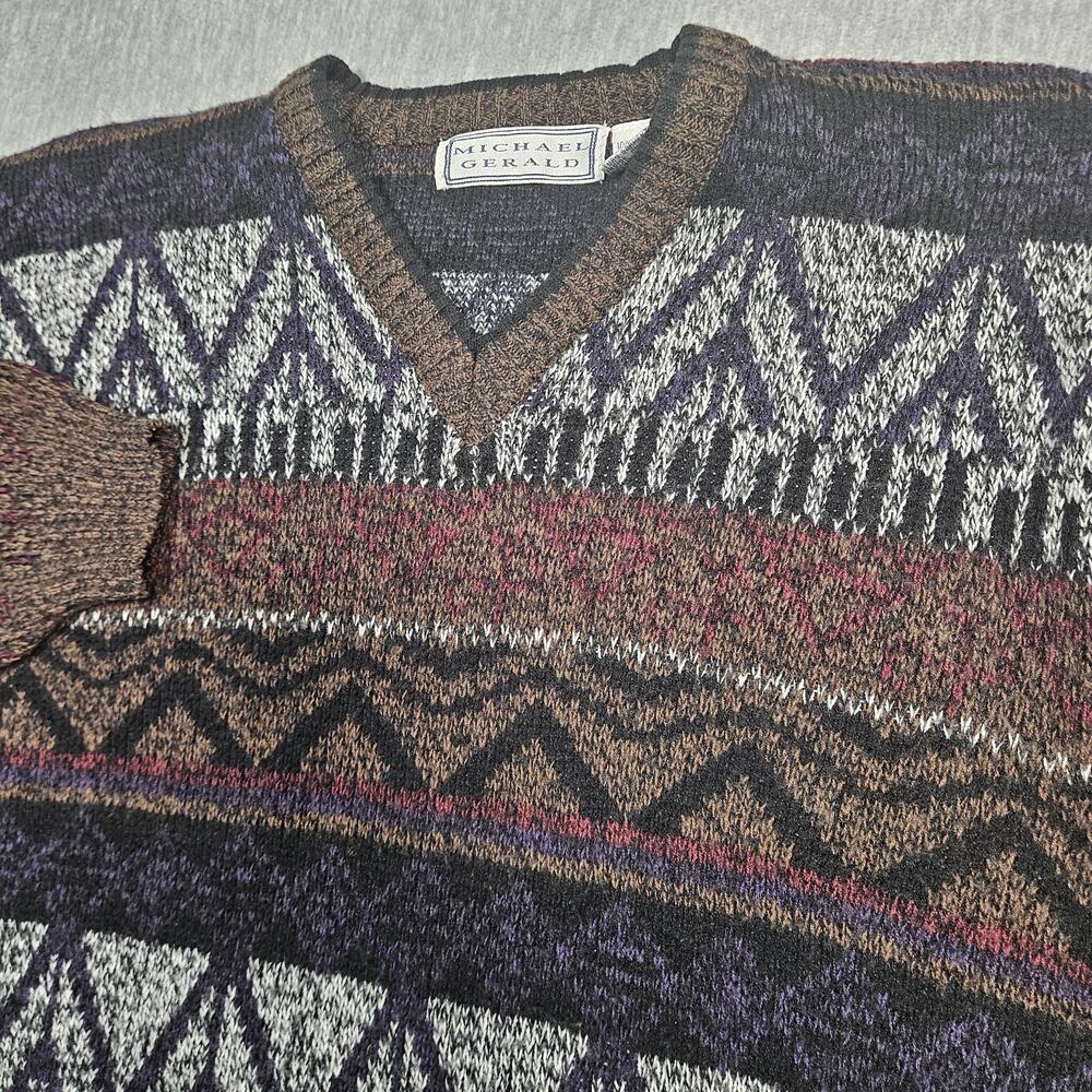 VTG Michael Gerald Sweater Mens L Brown V-Neck Pullover Geometric Acrylic Knit